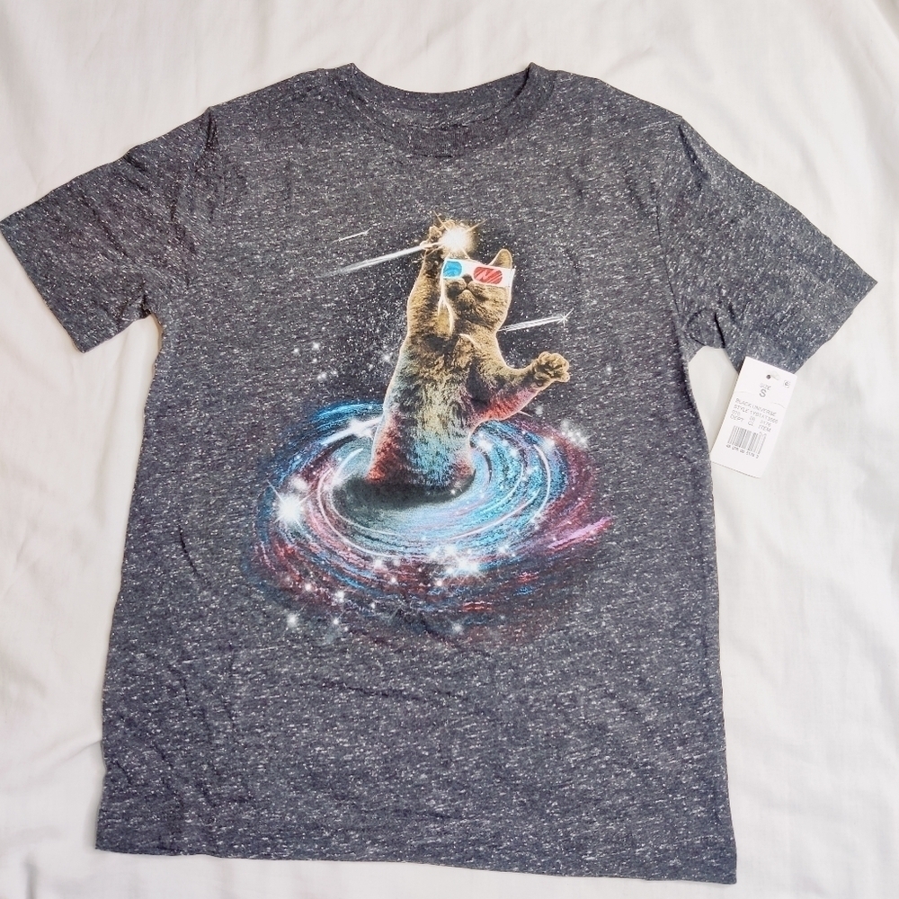 NWT T-shirt Space Cat w/ Retro 3-D Glasses Heather Gray Sz S - Picture 1 of 7